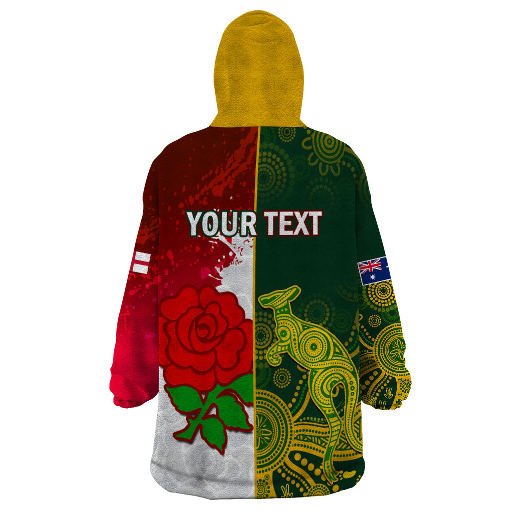 Personalised Australia And England Rugby Wearable Blanket Hoodie Indigenous Wallabies With Red Roses Sporty Version - Vibe Hoodie Shop