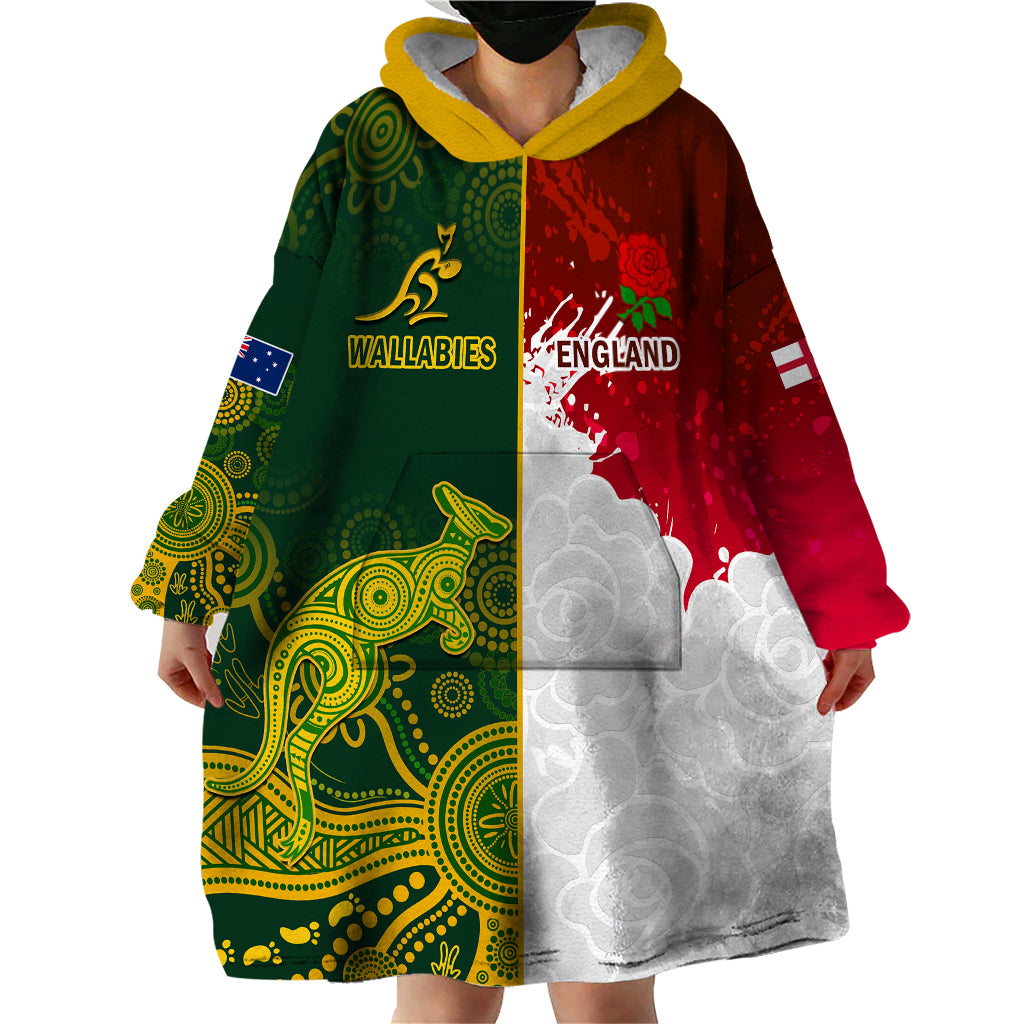 Personalised Australia And England Rugby Wearable Blanket Hoodie Indigenous Wallabies With Red Roses Sporty Version - Vibe Hoodie Shop