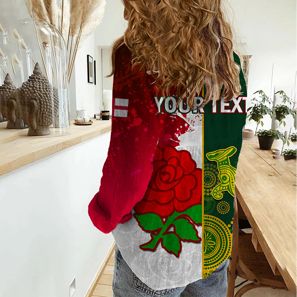 Personalised Australia And England Rugby Women Casual Shirt Indigenous Wallabies With Red Roses Sporty Version - Vibe Hoodie Shop