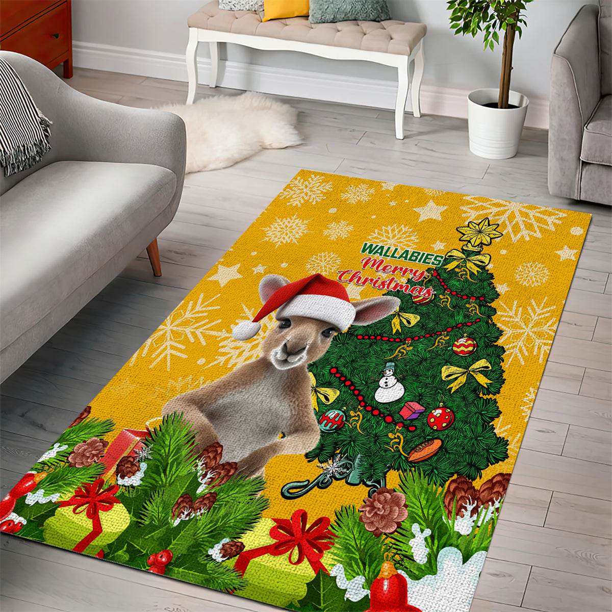 Personalised Wallabies Rugby Christmas Area Rug Merry Xmas With Australian Kangaroo - Vibe Hoodie Shop