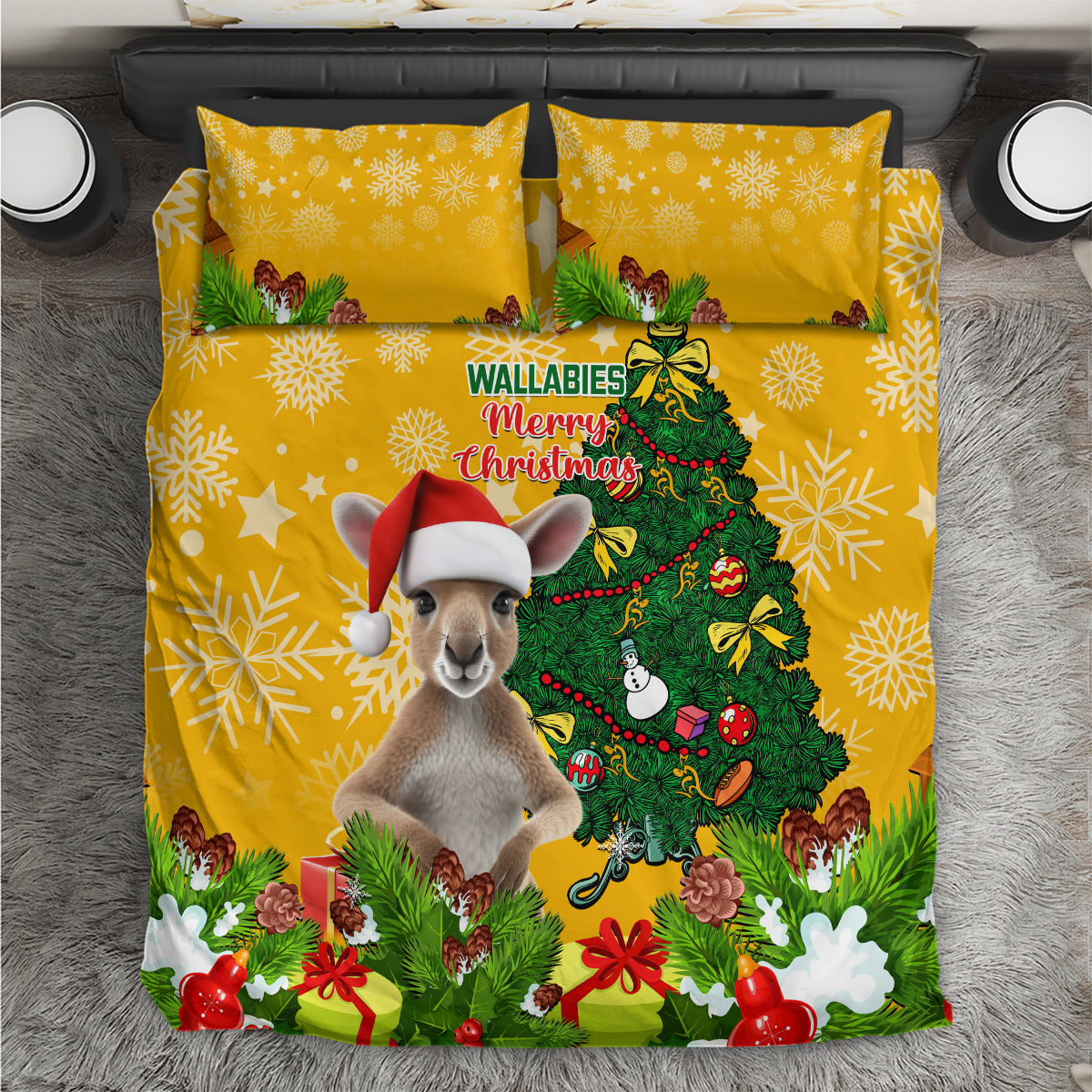 Personalised Wallabies Rugby Christmas Bedding Set Merry Xmas With Australian Kangaroo - Vibe Hoodie Shop