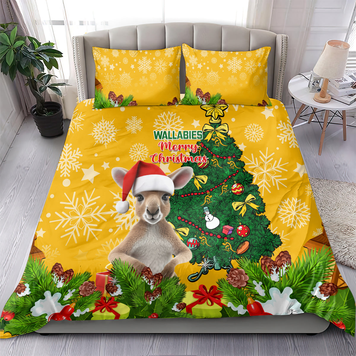 Personalised Wallabies Rugby Christmas Bedding Set Merry Xmas With Australian Kangaroo - Vibe Hoodie Shop