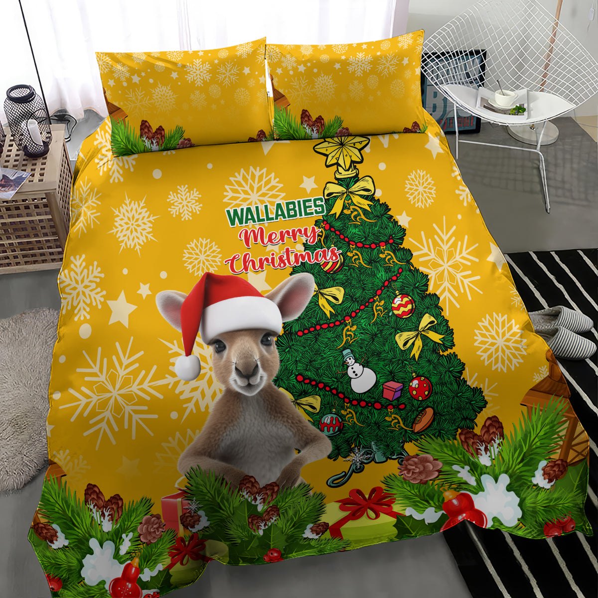 Personalised Wallabies Rugby Christmas Bedding Set Merry Xmas With Australian Kangaroo - Vibe Hoodie Shop