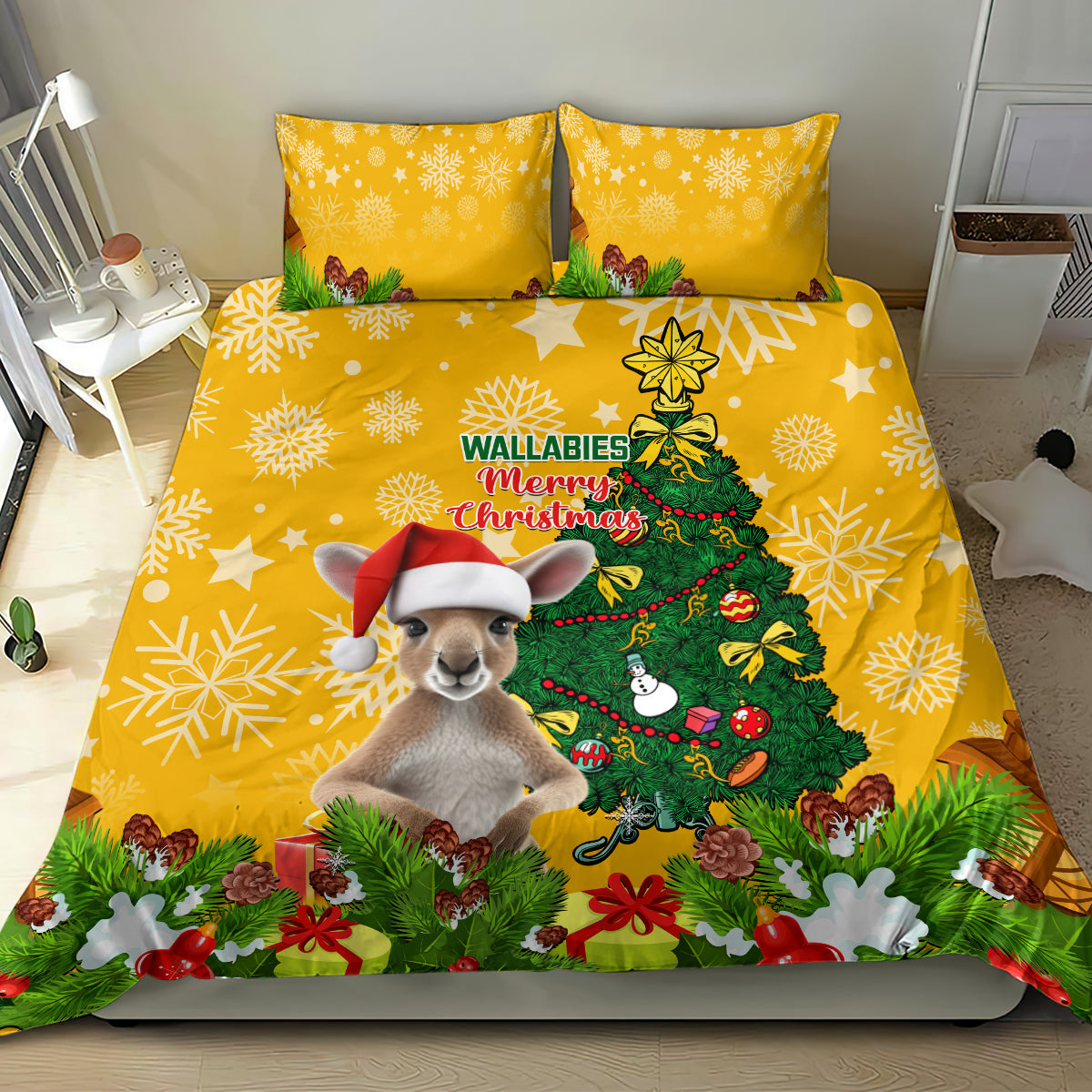 Personalised Wallabies Rugby Christmas Bedding Set Merry Xmas With Australian Kangaroo - Vibe Hoodie Shop