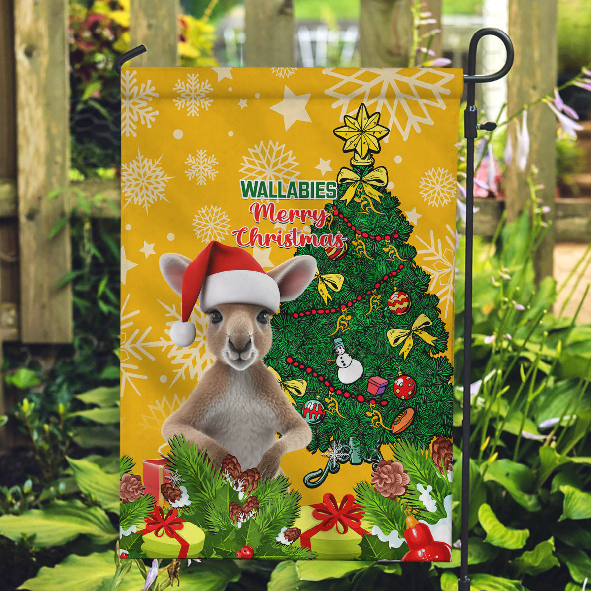 Personalised Wallabies Rugby Christmas Garden Flag Merry Xmas With Australian Kangaroo - Vibe Hoodie Shop