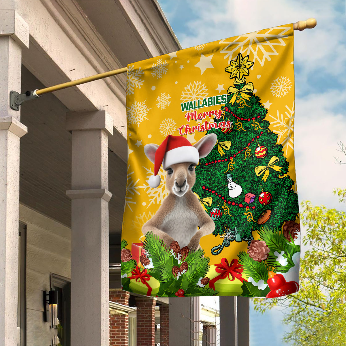 Personalised Wallabies Rugby Christmas Garden Flag Merry Xmas With Australian Kangaroo - Vibe Hoodie Shop