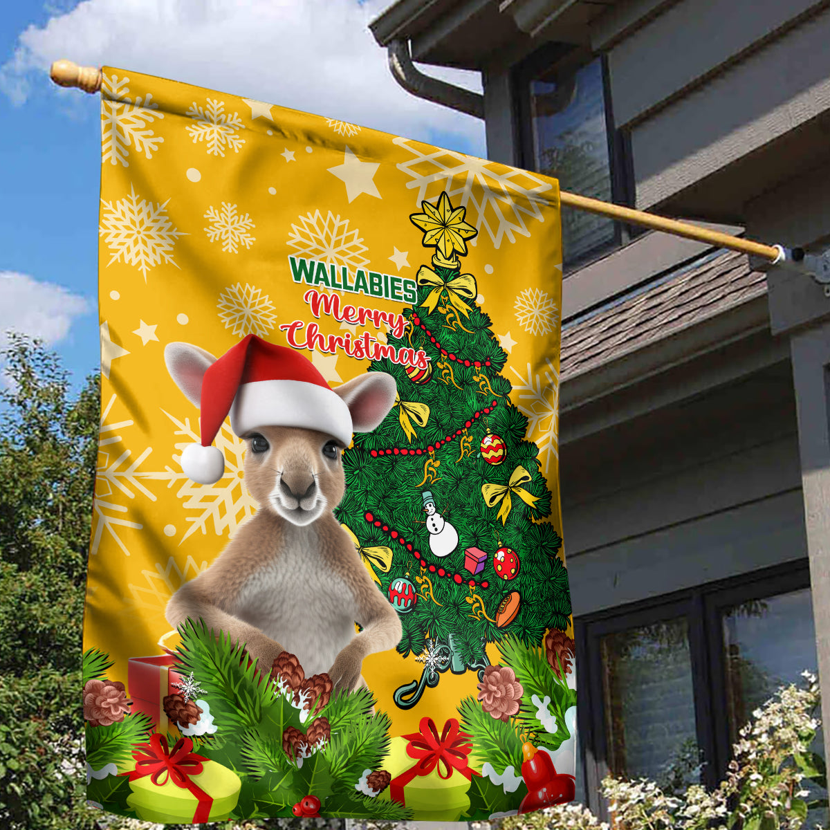 Personalised Wallabies Rugby Christmas Garden Flag Merry Xmas With Australian Kangaroo - Vibe Hoodie Shop