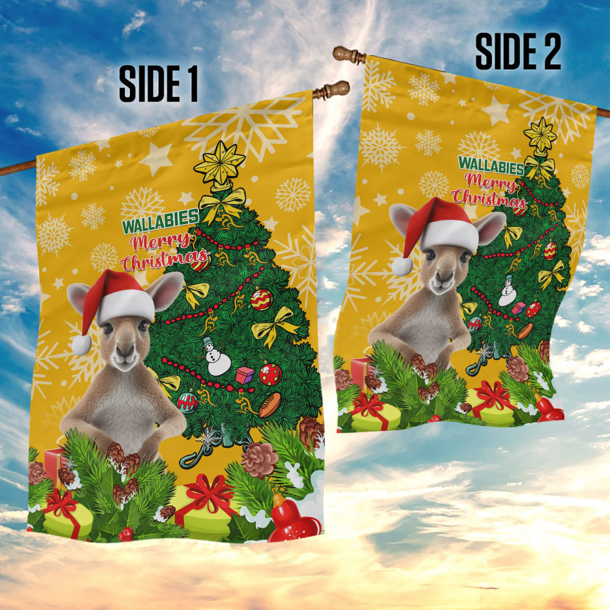 Personalised Wallabies Rugby Christmas Garden Flag Merry Xmas With Australian Kangaroo - Vibe Hoodie Shop