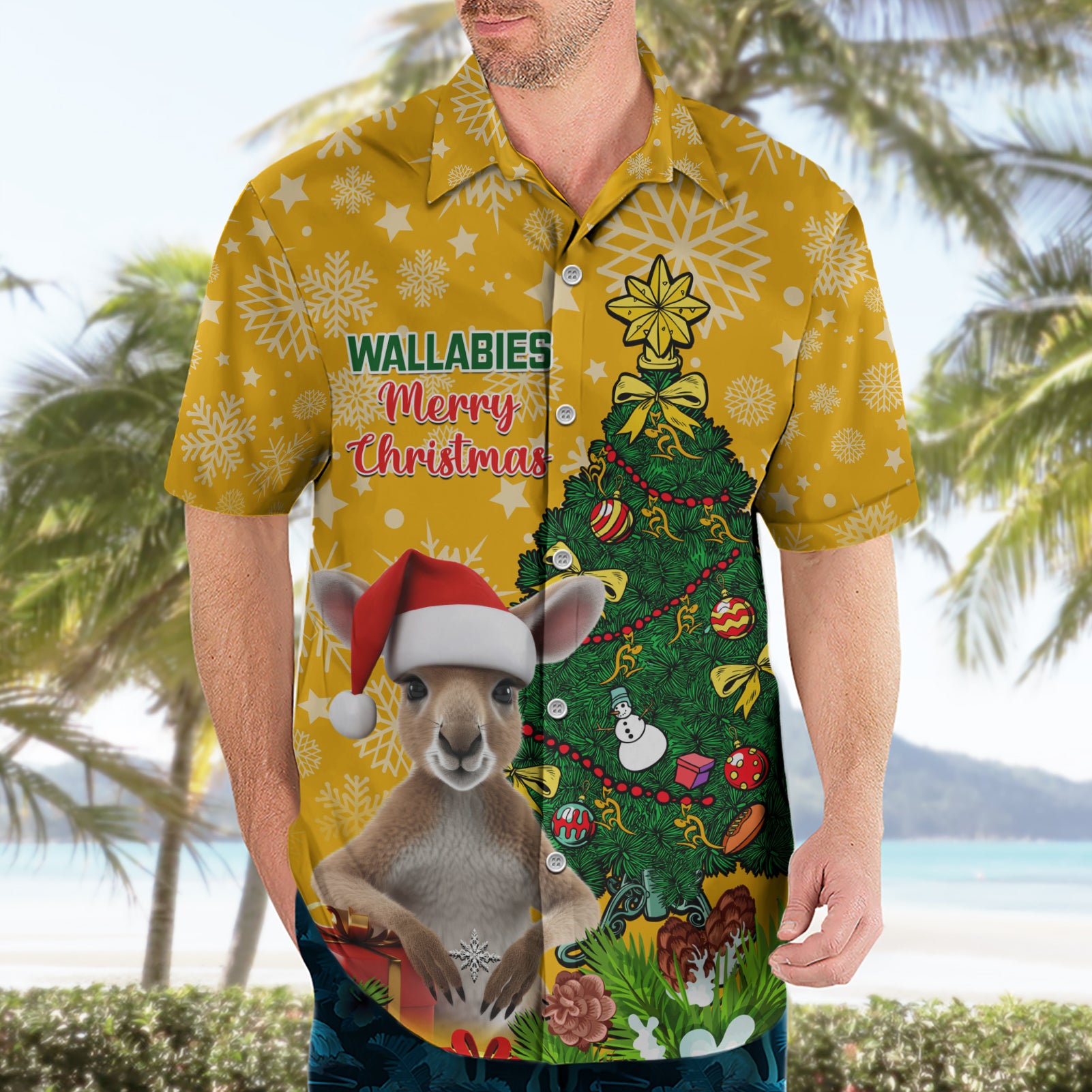 Personalised Wallabies Rugby Christmas Hawaiian Shirt Merry Xmas With Australian Kangaroo - Vibe Hoodie Shop
