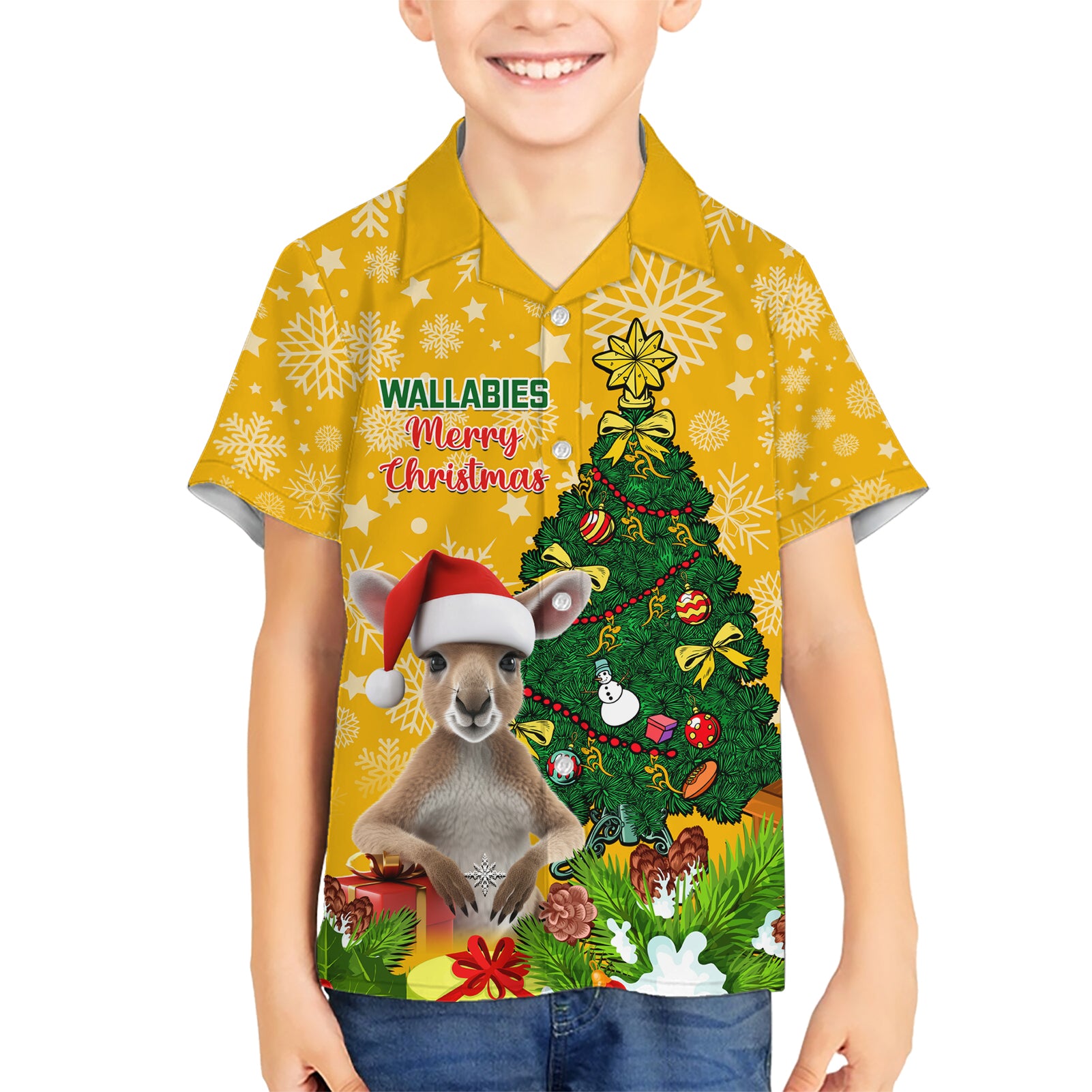 Personalised Wallabies Rugby Christmas Hawaiian Shirt Merry Xmas With Australian Kangaroo - Vibe Hoodie Shop