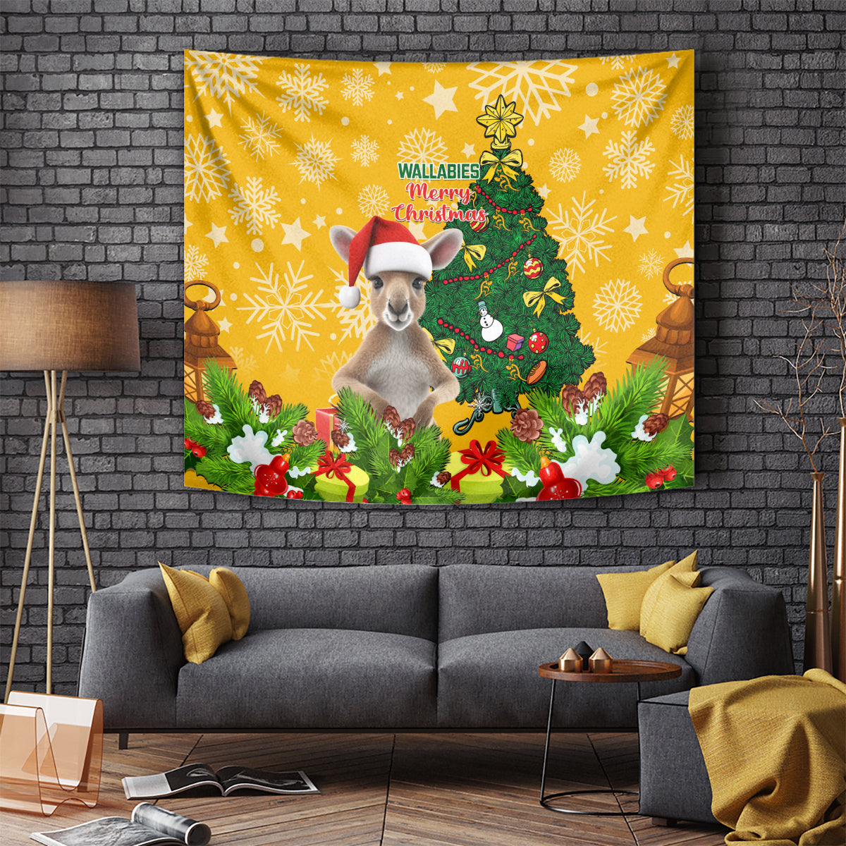 Personalised Wallabies Rugby Christmas Tapestry Merry Xmas With Australian Kangaroo - Vibe Hoodie Shop