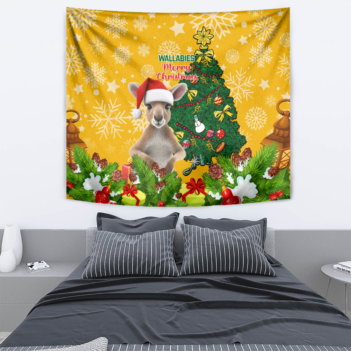 Personalised Wallabies Rugby Christmas Tapestry Merry Xmas With Australian Kangaroo - Vibe Hoodie Shop