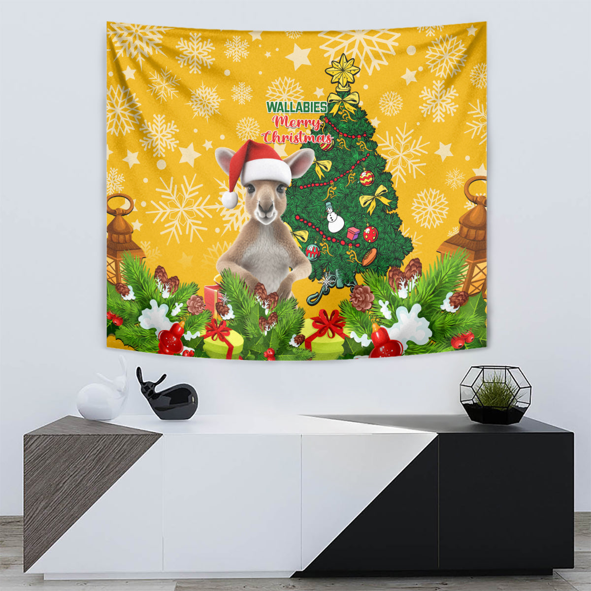 Personalised Wallabies Rugby Christmas Tapestry Merry Xmas With Australian Kangaroo - Vibe Hoodie Shop