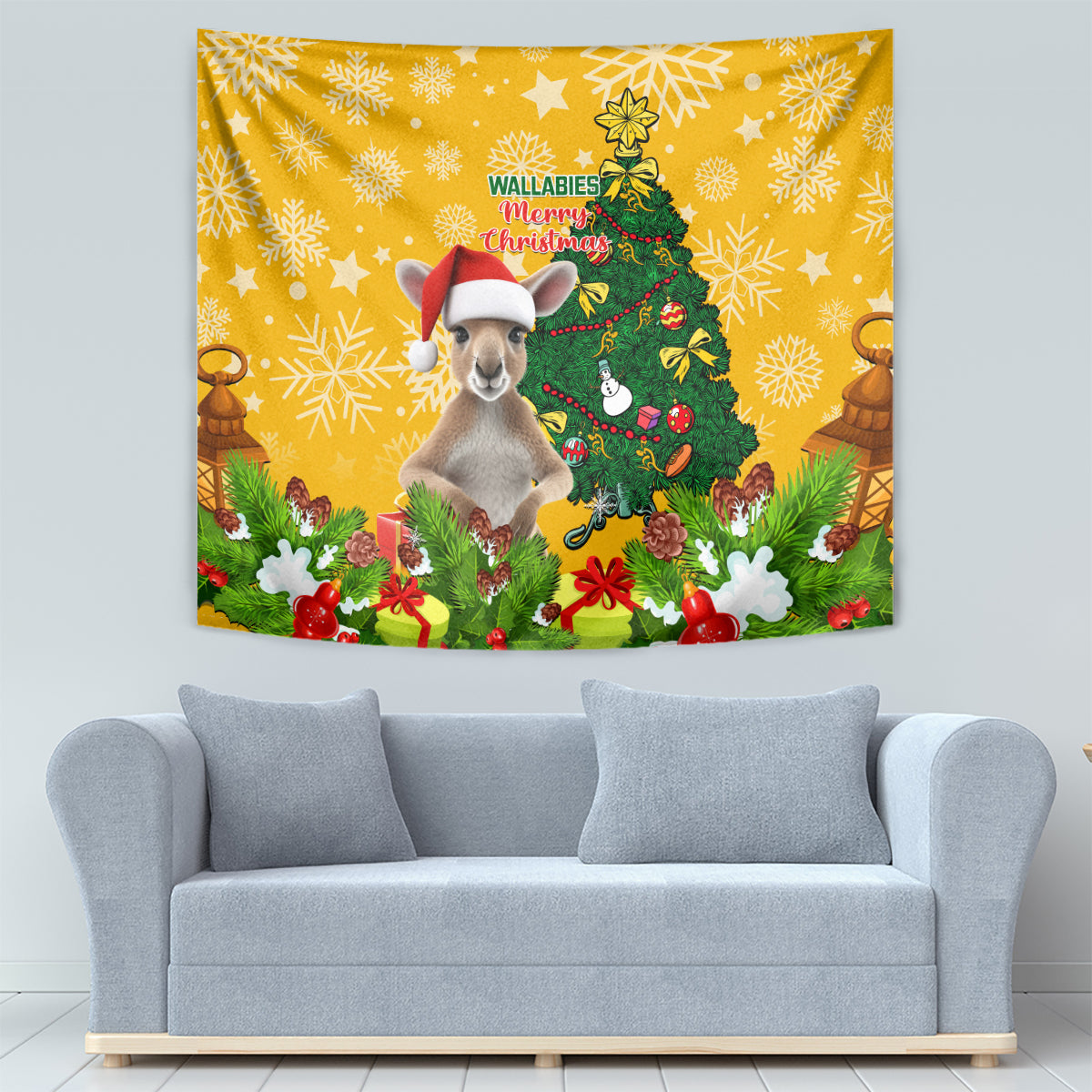 Personalised Wallabies Rugby Christmas Tapestry Merry Xmas With Australian Kangaroo - Vibe Hoodie Shop