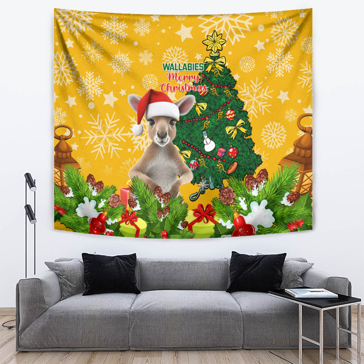 Personalised Wallabies Rugby Christmas Tapestry Merry Xmas With Australian Kangaroo - Vibe Hoodie Shop