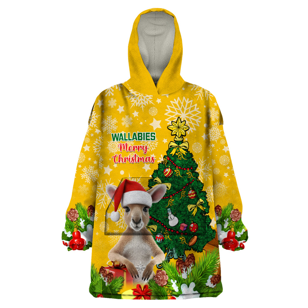 Personalised Wallabies Rugby Christmas Wearable Blanket Hoodie Merry Xmas With Australian Kangaroo - Vibe Hoodie Shop