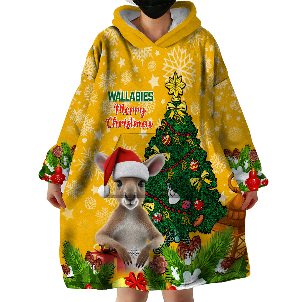 Personalised Wallabies Rugby Christmas Wearable Blanket Hoodie Merry Xmas With Australian Kangaroo - Vibe Hoodie Shop