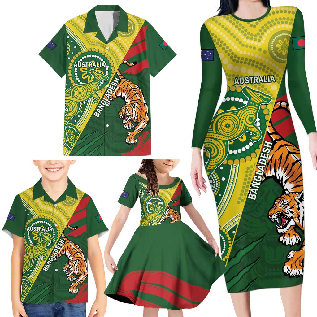 Custom Bangladesh And Australia Cricket Family Matching Long Sleeve Bodycon Dress and Hawaiian Shirt Kangaroo Tiger Together