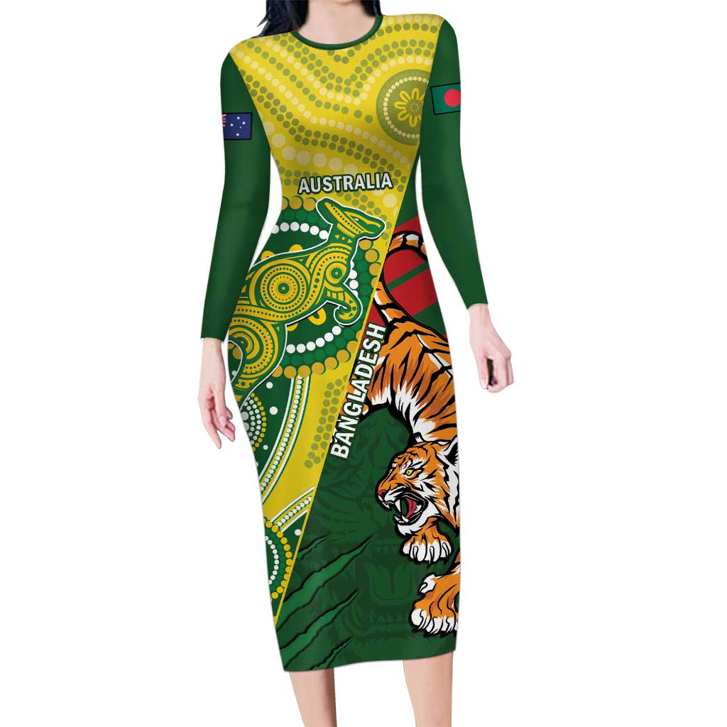 Custom Bangladesh And Australia Cricket Family Matching Long Sleeve Bodycon Dress and Hawaiian Shirt Kangaroo Tiger Together