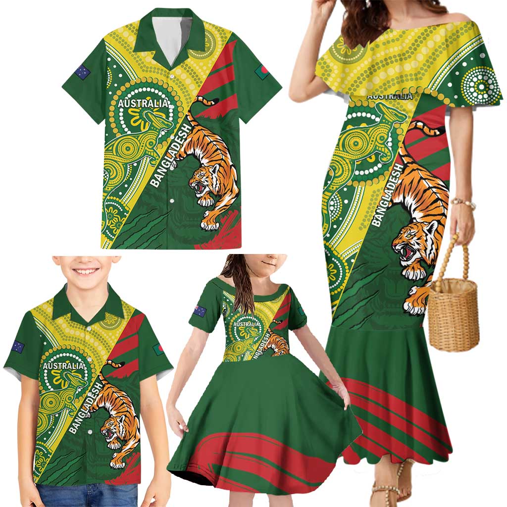 Custom Bangladesh And Australia Cricket Family Matching Mermaid Dress and Hawaiian Shirt Kangaroo Tiger Together