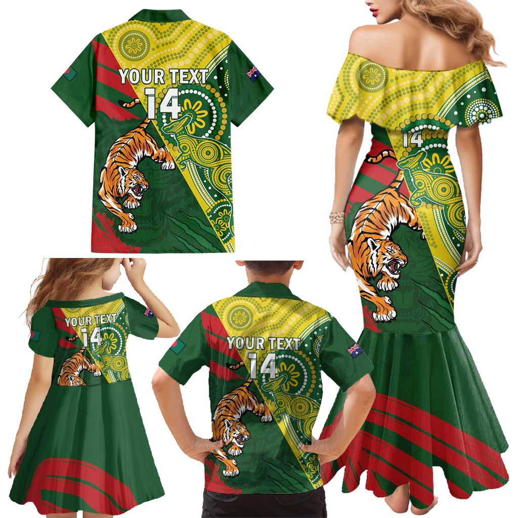 Custom Bangladesh And Australia Cricket Family Matching Mermaid Dress and Hawaiian Shirt Kangaroo Tiger Together