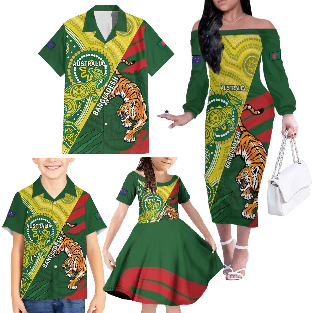 Custom Bangladesh And Australia Cricket Family Matching Off The Shoulder Long Sleeve Dress and Hawaiian Shirt Kangaroo Tiger Together