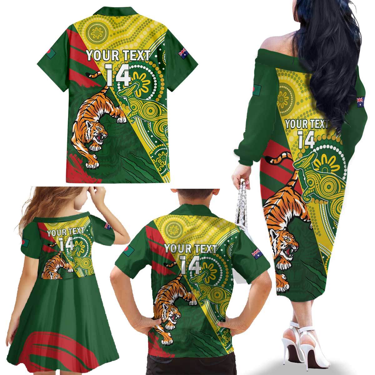Custom Bangladesh And Australia Cricket Family Matching Off The Shoulder Long Sleeve Dress and Hawaiian Shirt Kangaroo Tiger Together