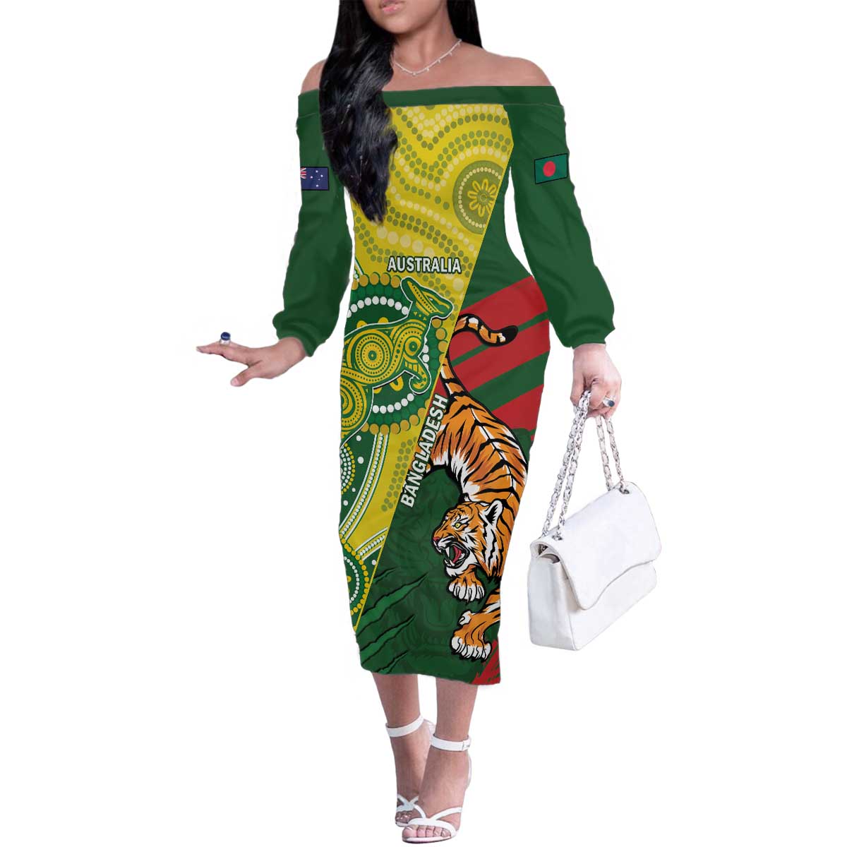 Custom Bangladesh And Australia Cricket Family Matching Off The Shoulder Long Sleeve Dress and Hawaiian Shirt Kangaroo Tiger Together