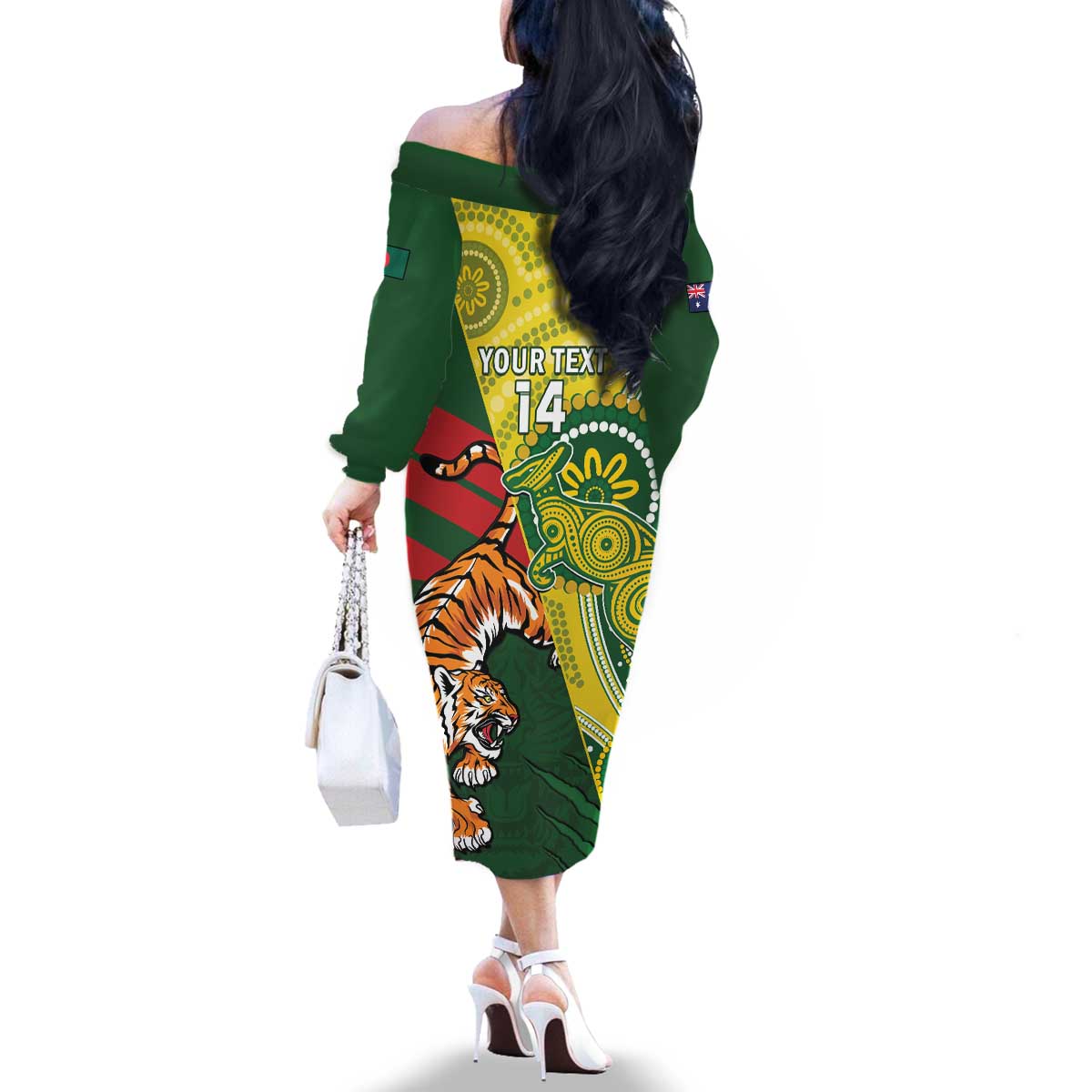 Custom Bangladesh And Australia Cricket Family Matching Off The Shoulder Long Sleeve Dress and Hawaiian Shirt Kangaroo Tiger Together