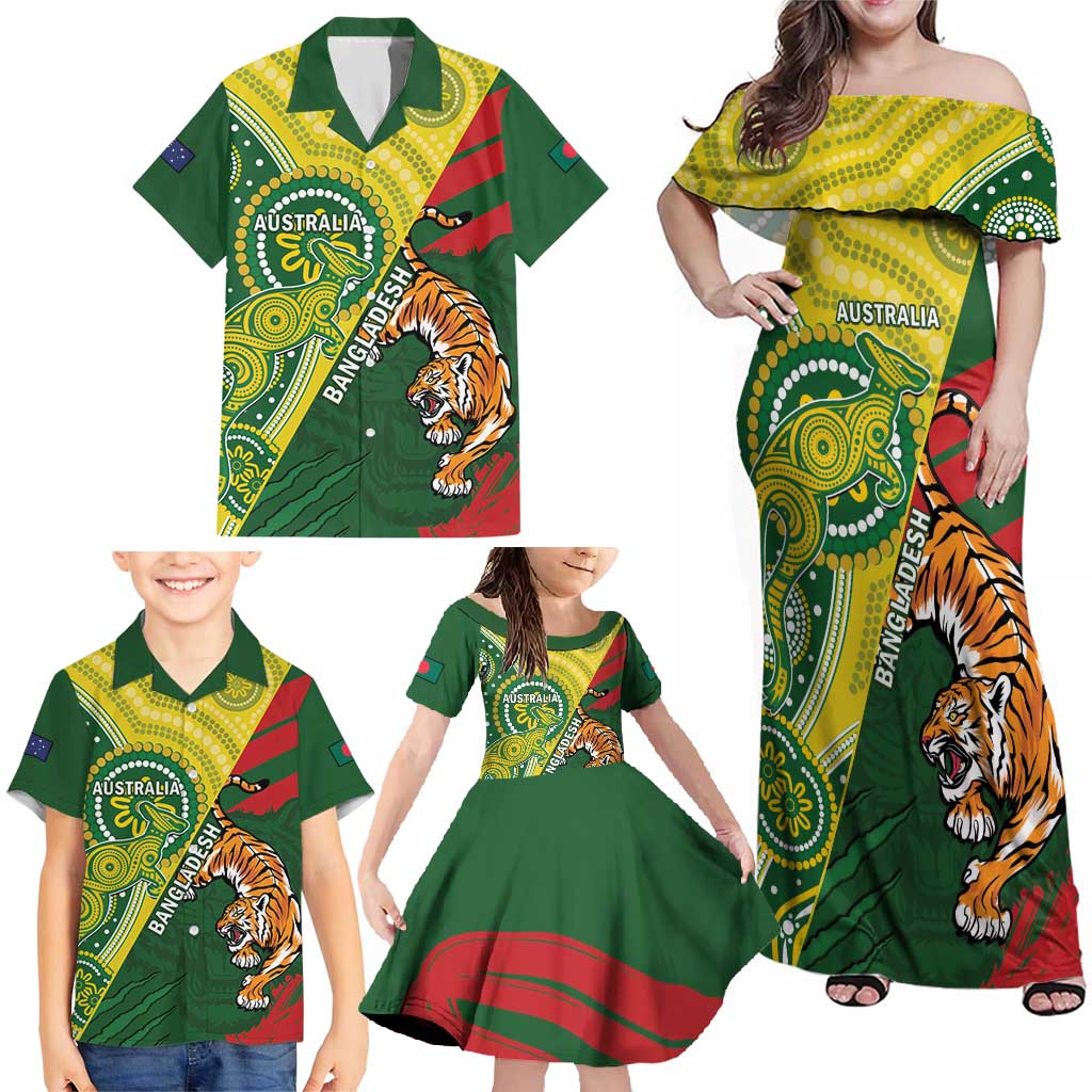 Custom Bangladesh And Australia Cricket Family Matching Off Shoulder Maxi Dress and Hawaiian Shirt Kangaroo Tiger Together