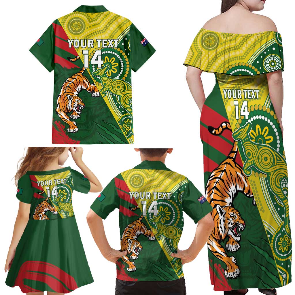 Custom Bangladesh And Australia Cricket Family Matching Off Shoulder Maxi Dress and Hawaiian Shirt Kangaroo Tiger Together