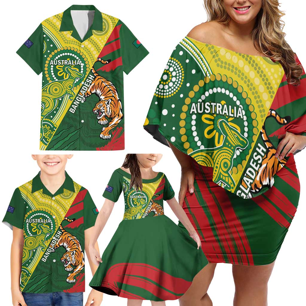 Custom Bangladesh And Australia Cricket Family Matching Off Shoulder Short Dress and Hawaiian Shirt Kangaroo Tiger Together