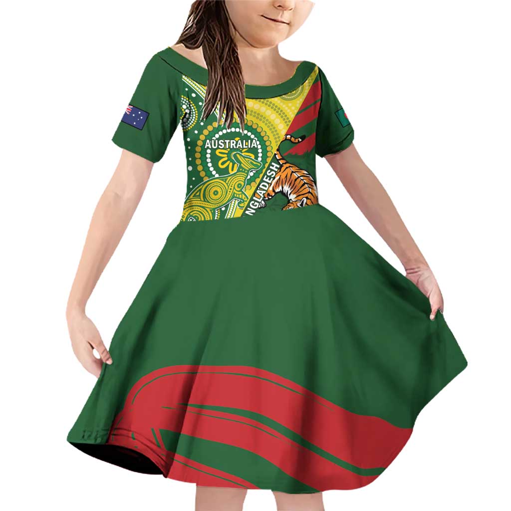 Custom Bangladesh And Australia Cricket Family Matching Off Shoulder Short Dress and Hawaiian Shirt Kangaroo Tiger Together
