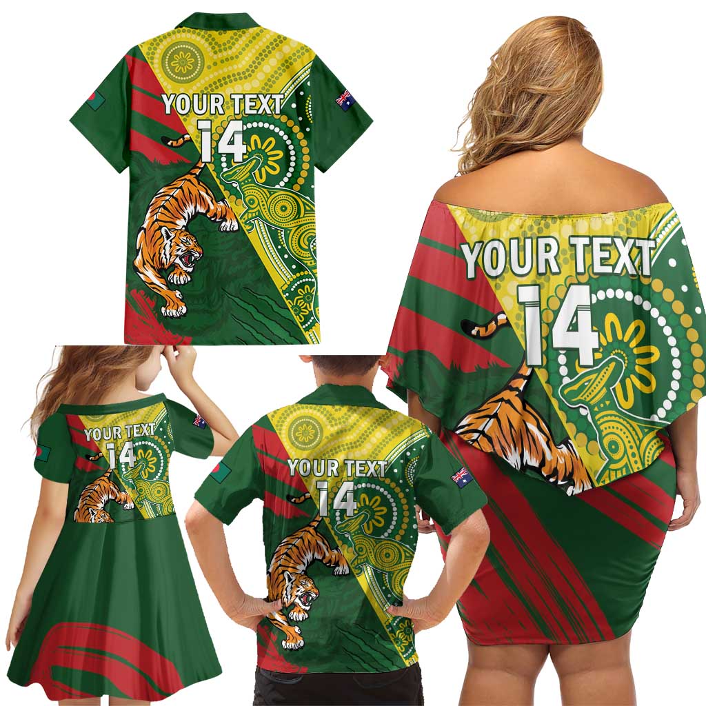 Custom Bangladesh And Australia Cricket Family Matching Off Shoulder Short Dress and Hawaiian Shirt Kangaroo Tiger Together