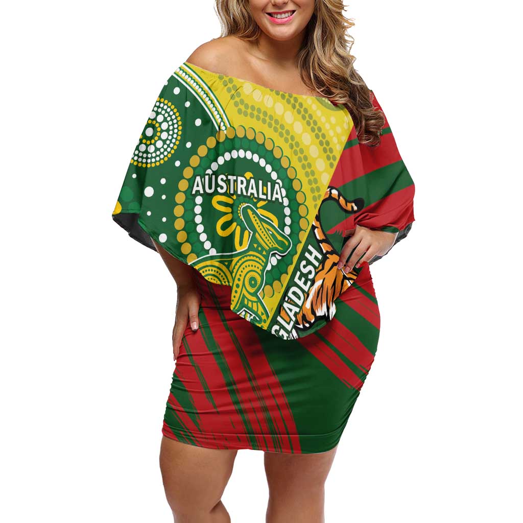 Custom Bangladesh And Australia Cricket Family Matching Off Shoulder Short Dress and Hawaiian Shirt Kangaroo Tiger Together