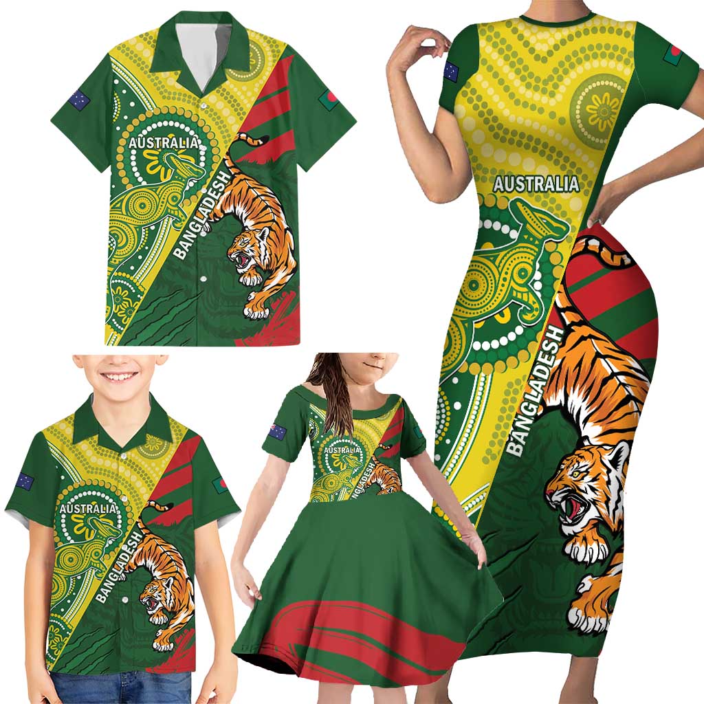 Custom Bangladesh And Australia Cricket Family Matching Short Sleeve Bodycon Dress and Hawaiian Shirt Kangaroo Tiger Together