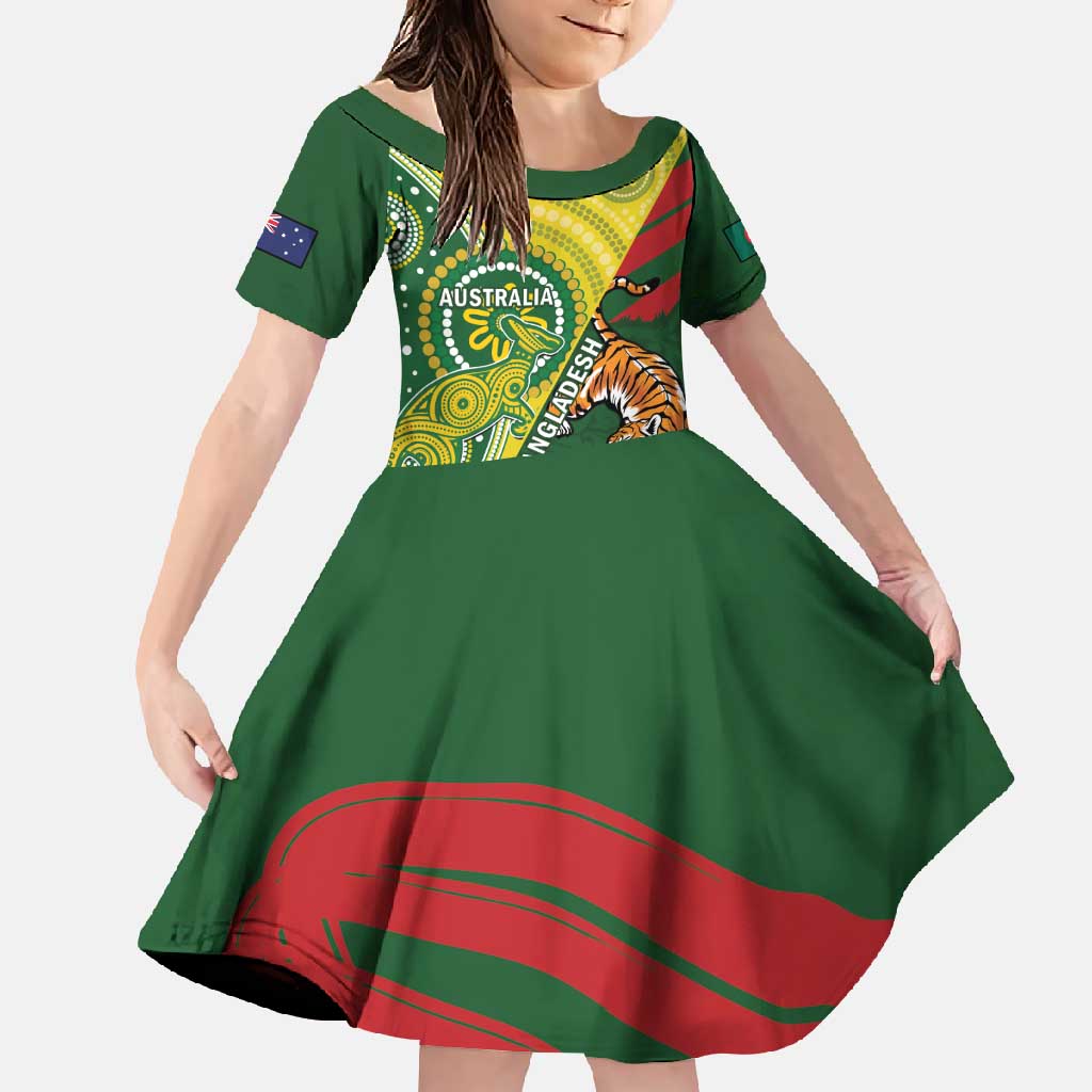 Custom Bangladesh And Australia Cricket Family Matching Short Sleeve Bodycon Dress and Hawaiian Shirt Kangaroo Tiger Together