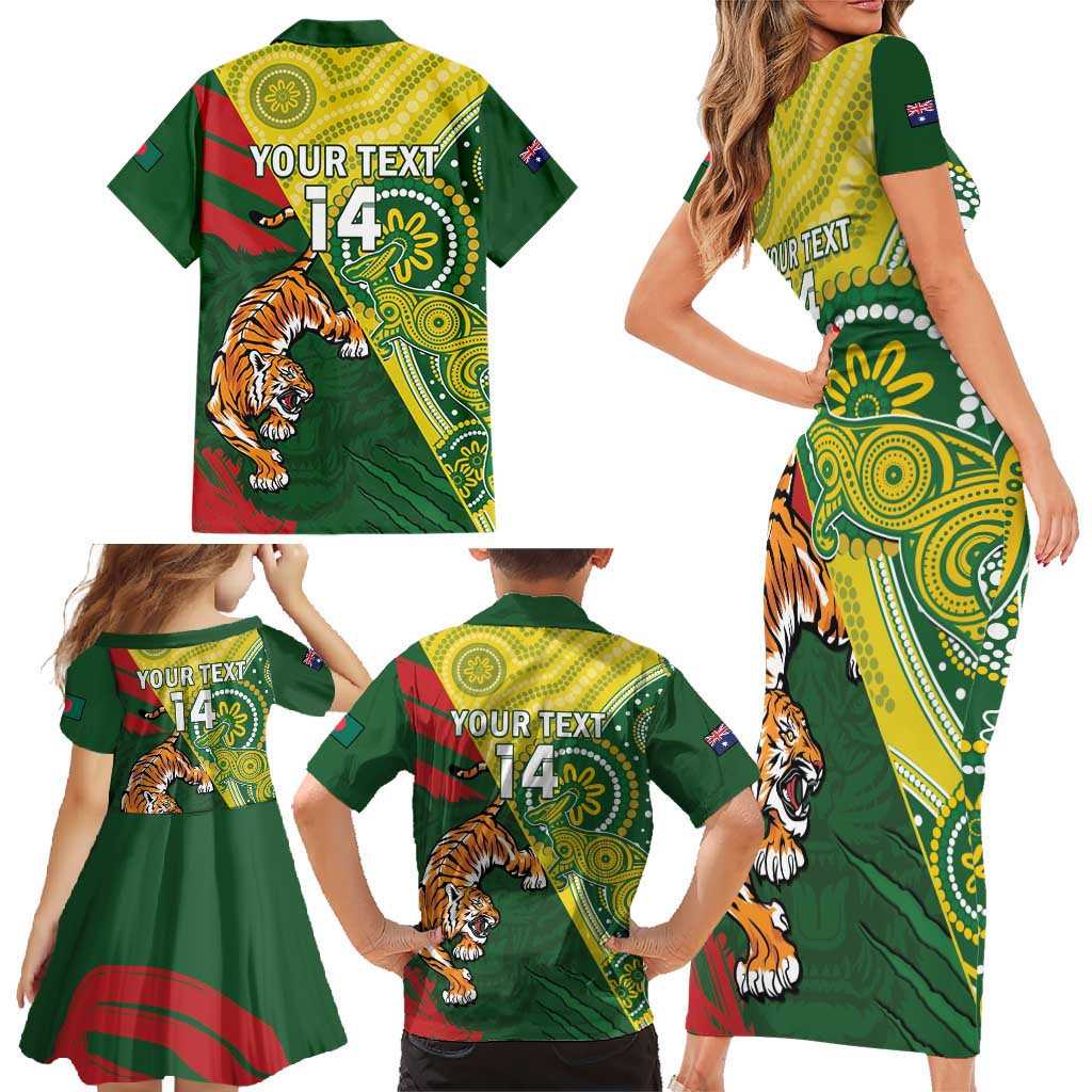 Custom Bangladesh And Australia Cricket Family Matching Short Sleeve Bodycon Dress and Hawaiian Shirt Kangaroo Tiger Together