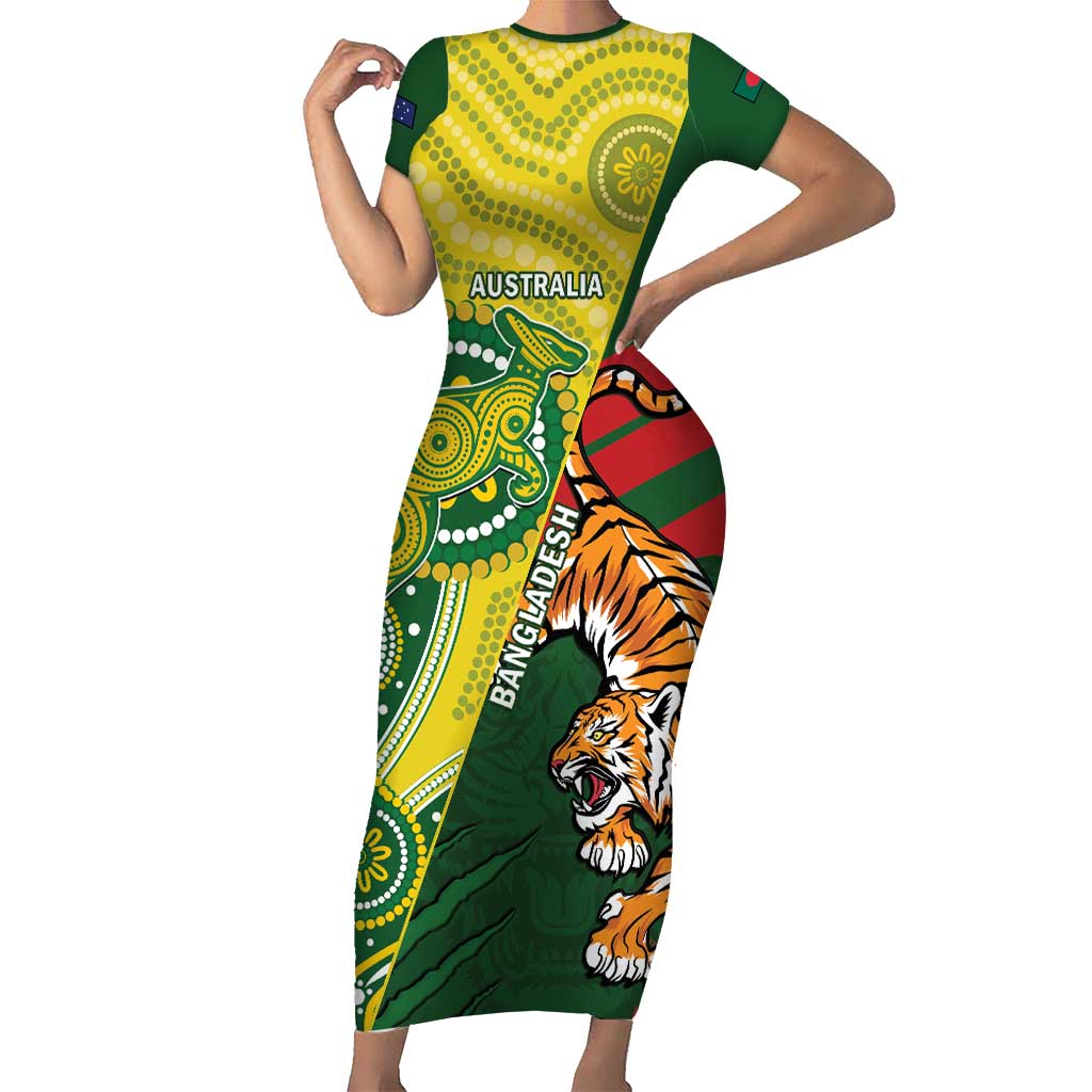 Custom Bangladesh And Australia Cricket Family Matching Short Sleeve Bodycon Dress and Hawaiian Shirt Kangaroo Tiger Together