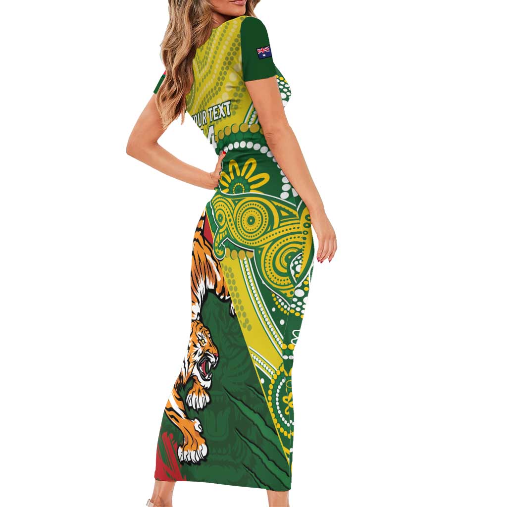 Custom Bangladesh And Australia Cricket Family Matching Short Sleeve Bodycon Dress and Hawaiian Shirt Kangaroo Tiger Together