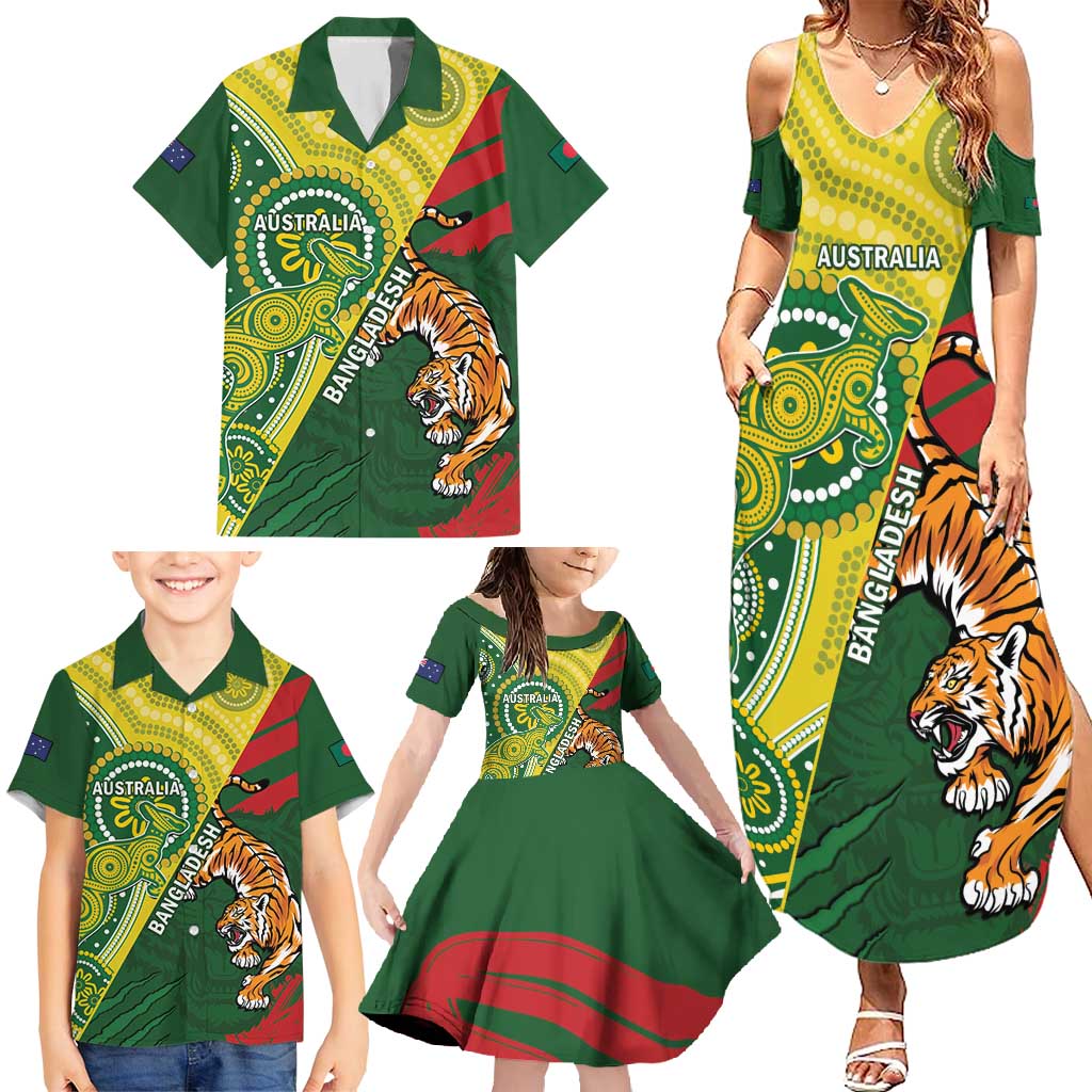 Custom Bangladesh And Australia Cricket Family Matching Summer Maxi Dress and Hawaiian Shirt Kangaroo Tiger Together