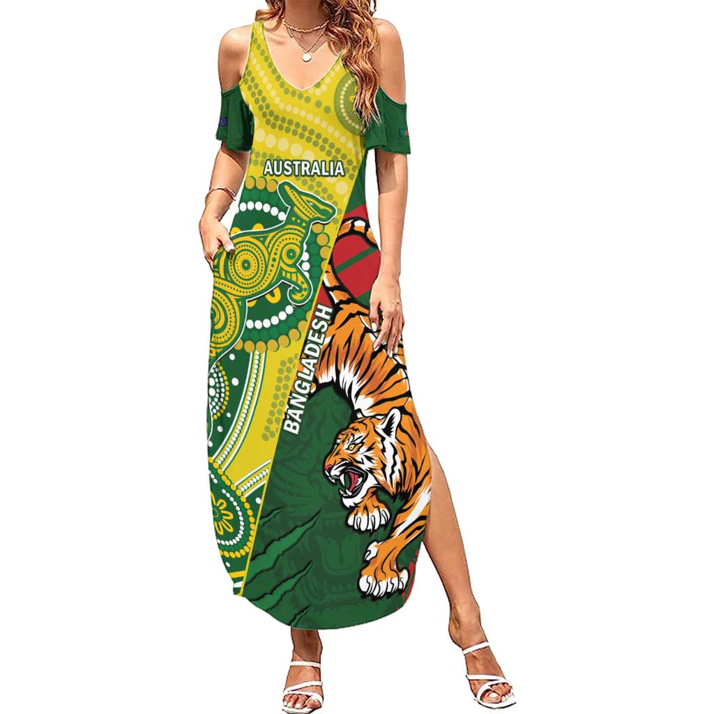 Custom Bangladesh And Australia Cricket Family Matching Summer Maxi Dress and Hawaiian Shirt Kangaroo Tiger Together
