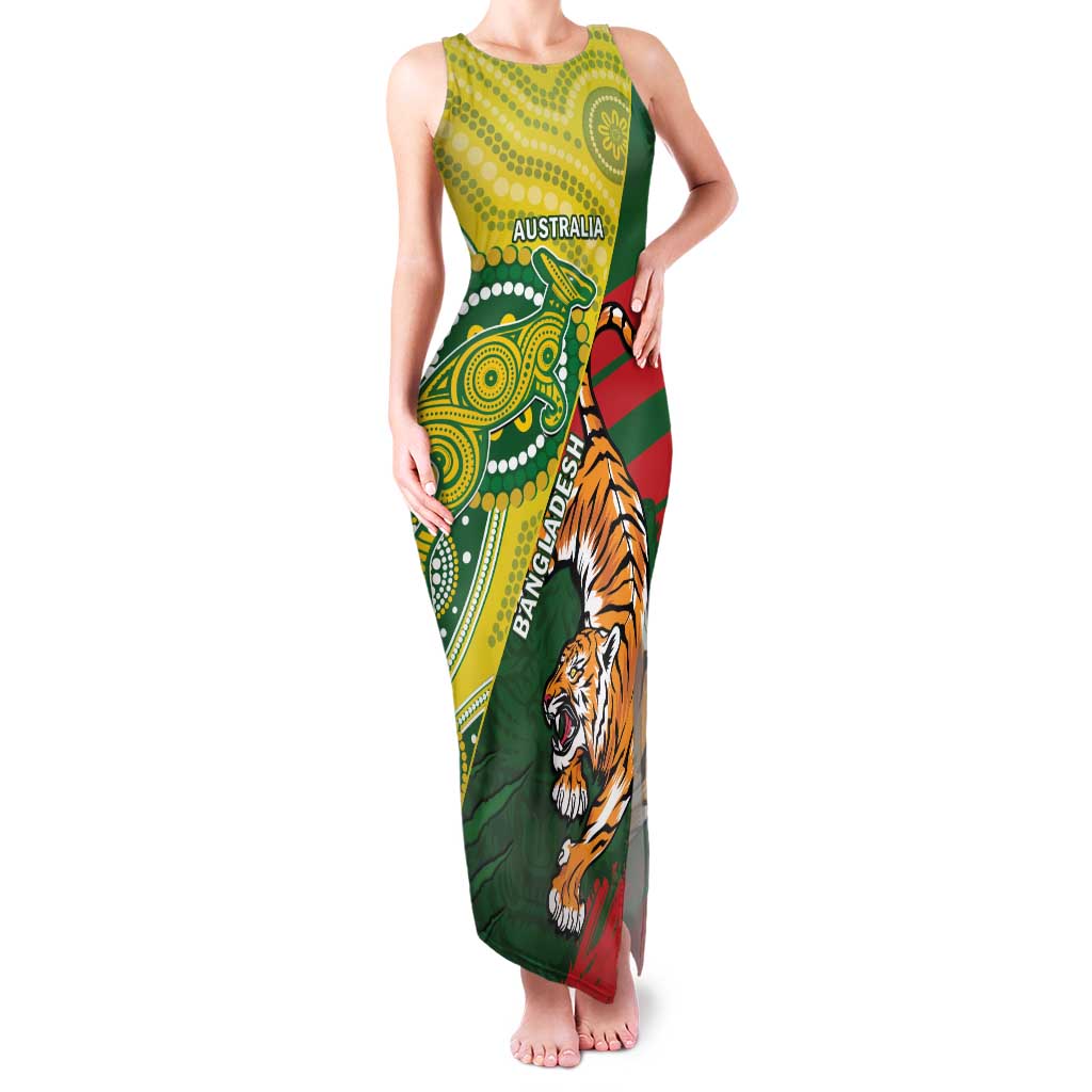 Custom Bangladesh And Australia Cricket Family Matching Tank Maxi Dress and Hawaiian Shirt Kangaroo Tiger Together