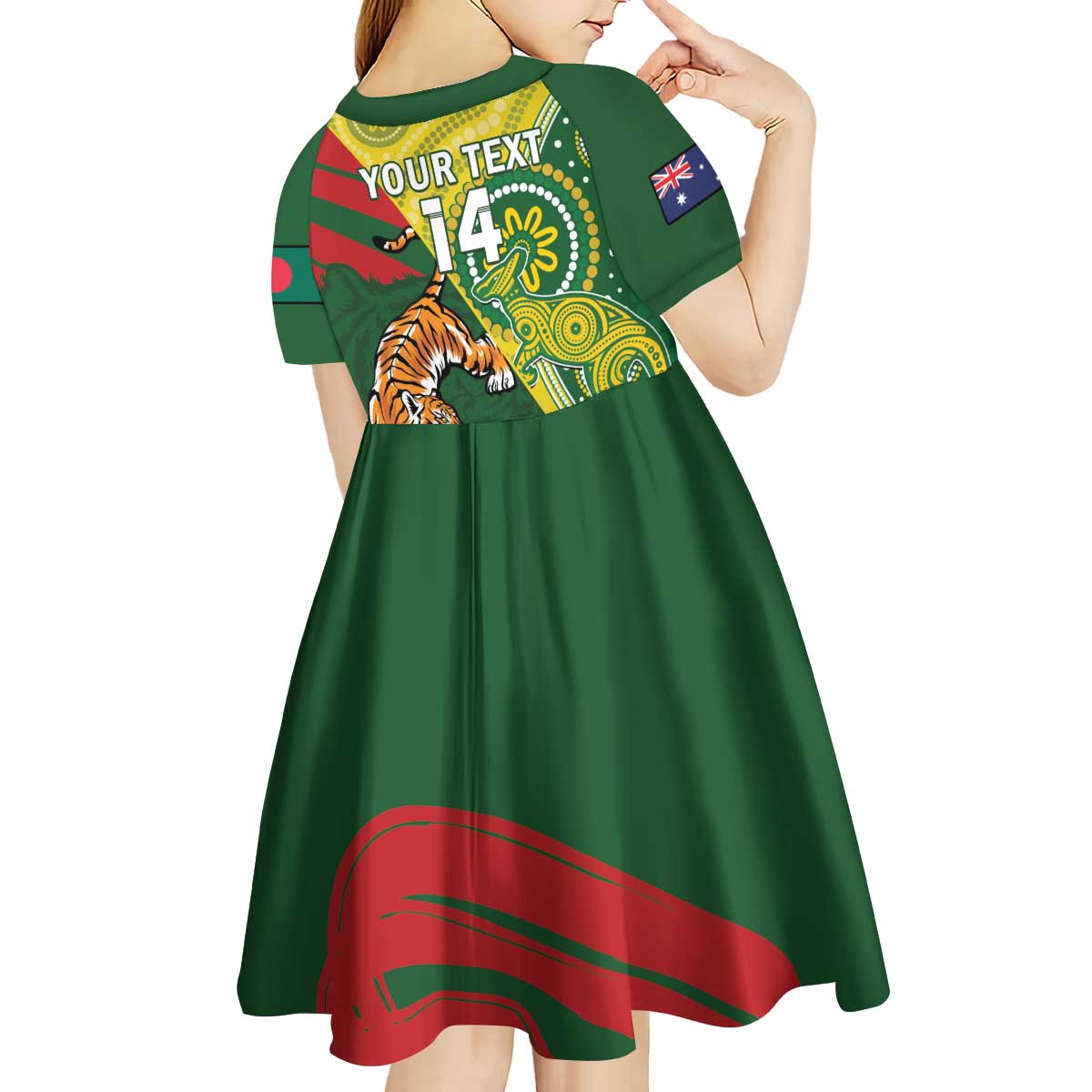 Custom Bangladesh And Australia Cricket Kid Short Sleeve Dress Kangaroo Tiger Together - Vibe Hoodie Shop