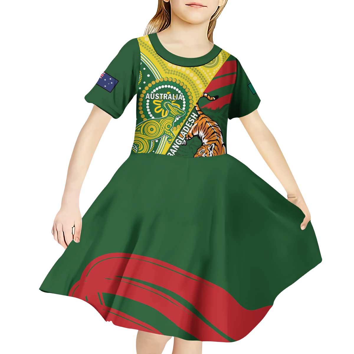 Custom Bangladesh And Australia Cricket Kid Short Sleeve Dress Kangaroo Tiger Together - Vibe Hoodie Shop