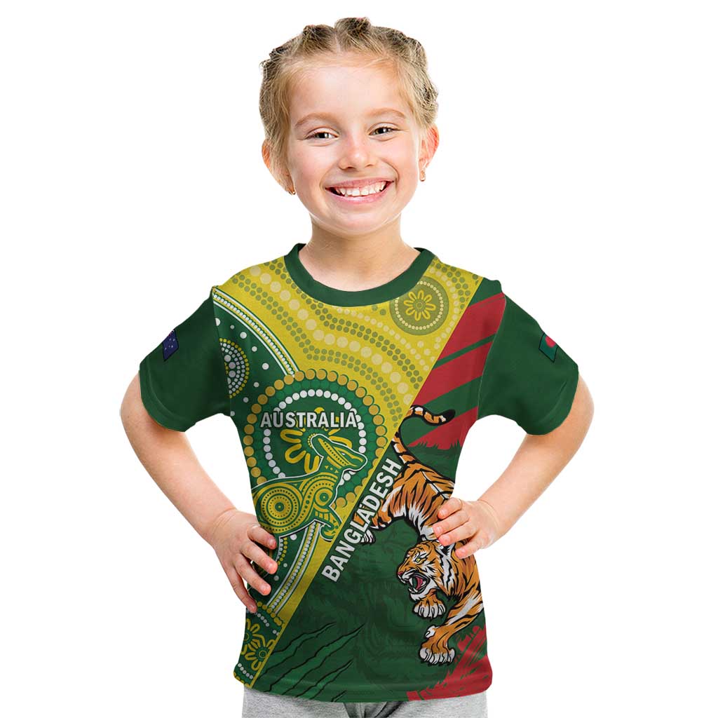 Custom Bangladesh And Australia Cricket Kid T Shirt Kangaroo Tiger Together - Vibe Hoodie Shop