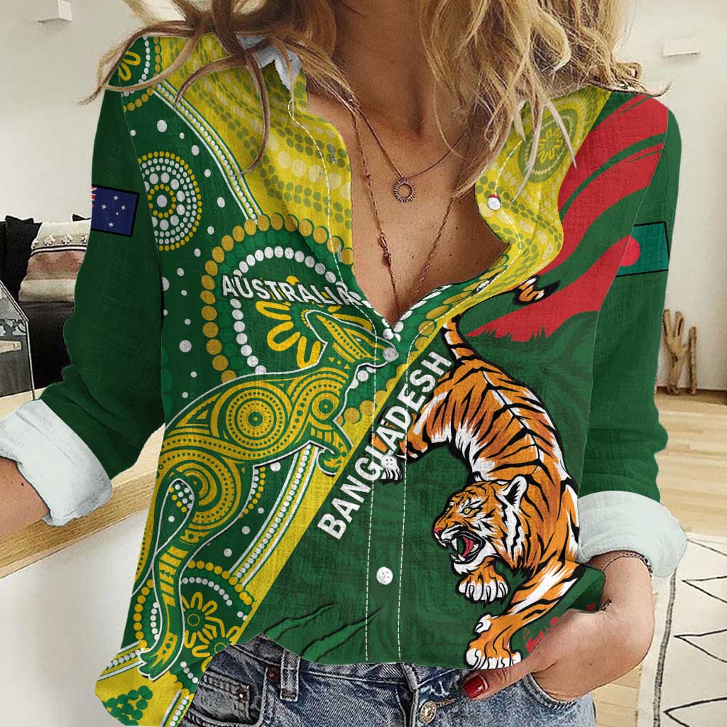 Custom Bangladesh And Australia Cricket Women Casual Shirt Kangaroo Tiger Together - Vibe Hoodie Shop