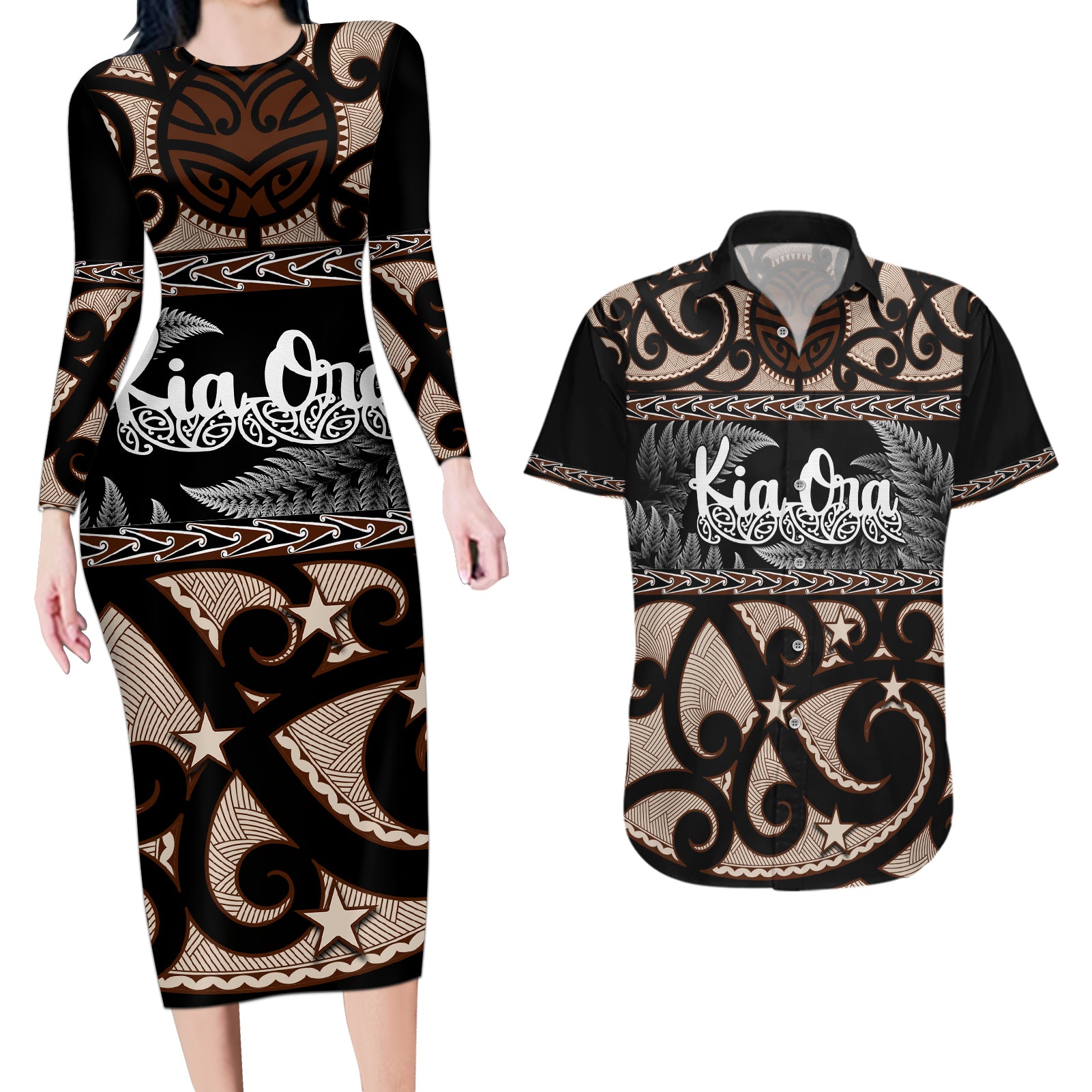 kia-ora-new-zealand-couples-matching-long-sleeve-bodycon-dress-and-hawaiian-shirt-aotearoa-proud-maori-with-silver-fern