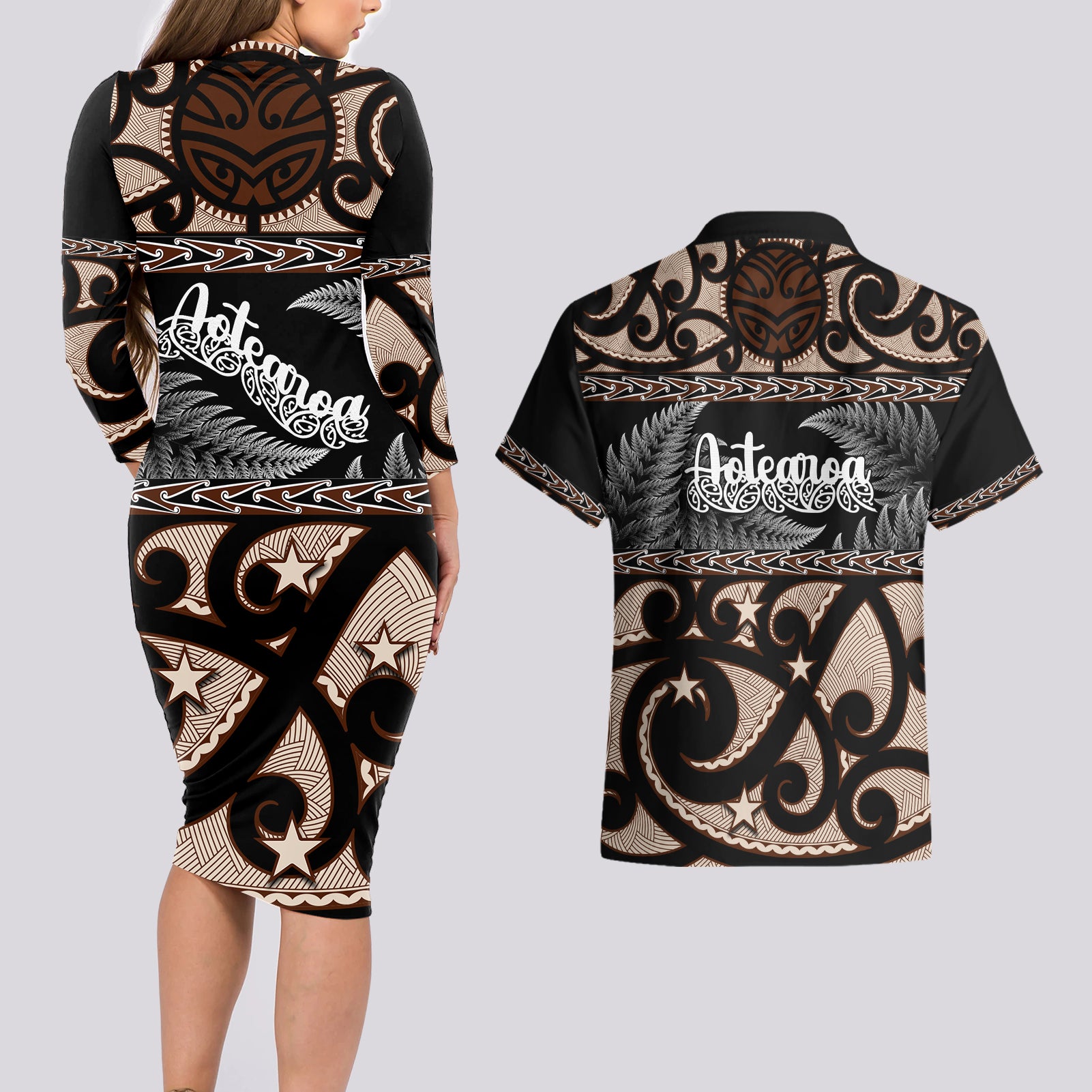 kia-ora-new-zealand-couples-matching-long-sleeve-bodycon-dress-and-hawaiian-shirt-aotearoa-proud-maori-with-silver-fern