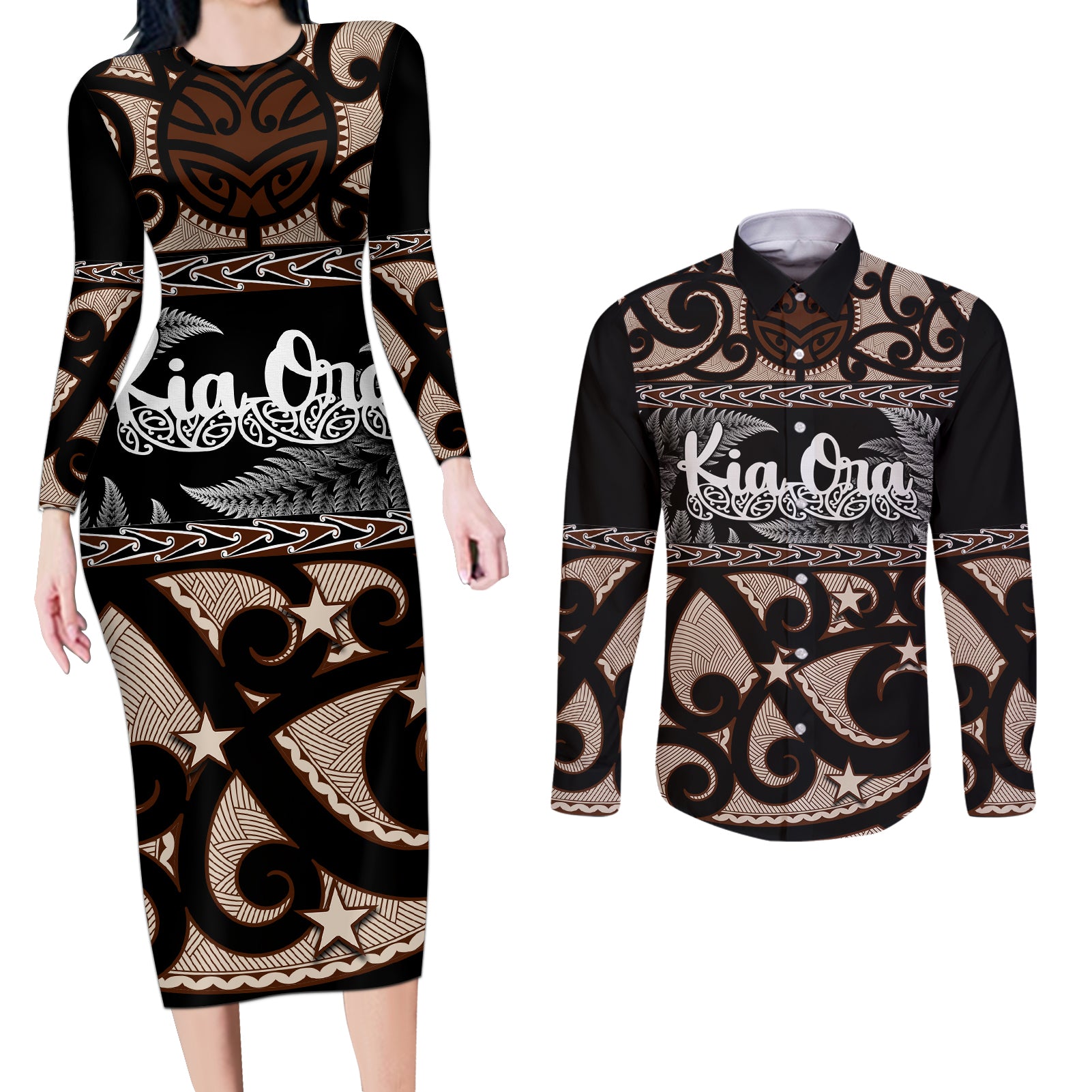 kia-ora-new-zealand-couples-matching-long-sleeve-bodycon-dress-and-long-sleeve-button-shirt-aotearoa-proud-maori-with-silver-fern